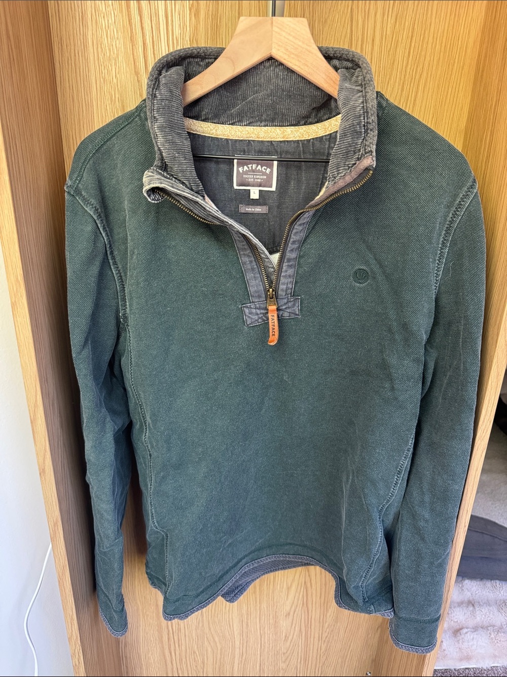 Fat Face Men's Dark Green Half-Zip Sweater with Corduroy Collar